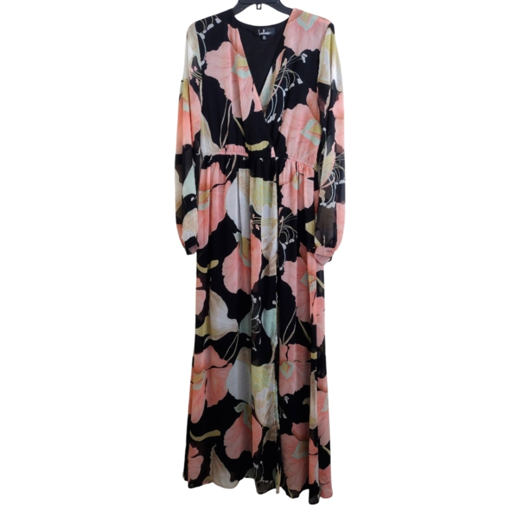 Lulu's Wondrous Water Lilies Black Peach Floral Maxi Dress Size XL